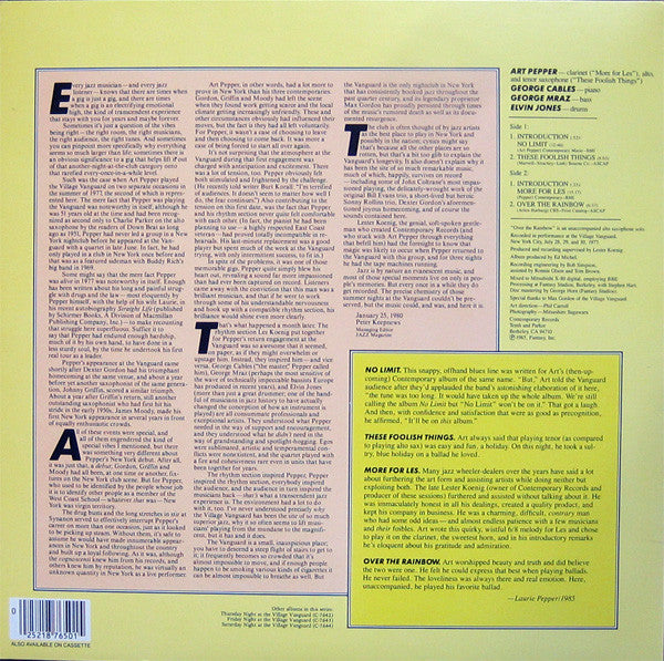 Art Pepper ~ More For Les - At The Village Vanguard, Vol. 4 (Vinyl) - Djungel & Jazz