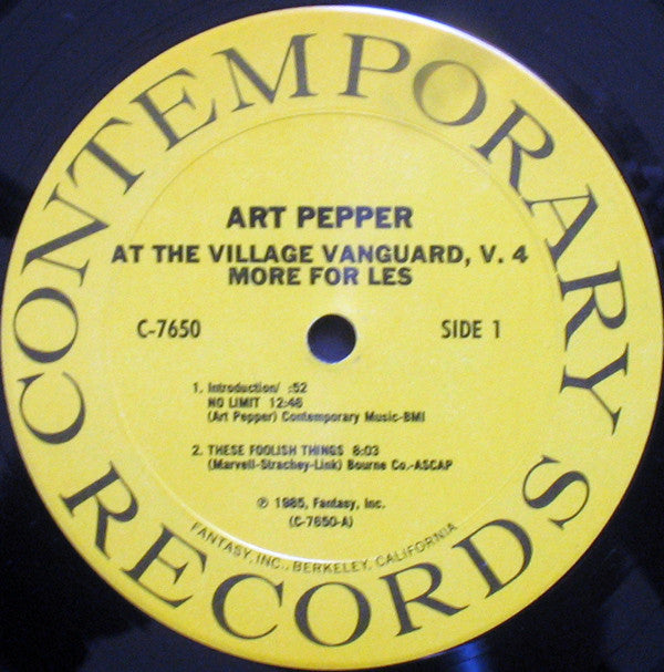 Art Pepper ~ More For Les - At The Village Vanguard, Vol. 4 (Vinyl) - Djungel & Jazz