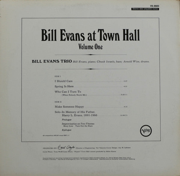 The Bill Evans Trio ~ Bill Evans At Town Hall (Volume One) (Vinyl) - Djungel & Jazz