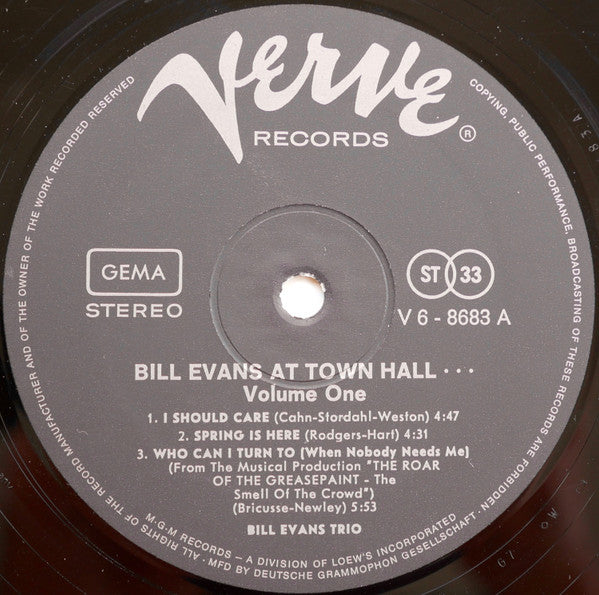 The Bill Evans Trio ~ Bill Evans At Town Hall (Volume One) (Vinyl) - Djungel & Jazz