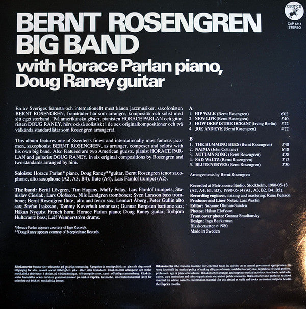 Bernt Rosengren Big Band With Horace Parlan, Doug Raney : Bernt Rosengren Big Band (LP, Album)