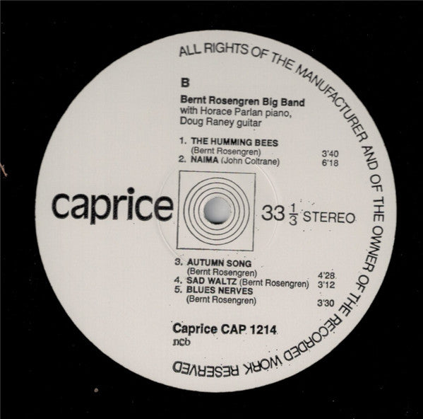 Bernt Rosengren Big Band With Horace Parlan, Doug Raney ~ Bernt Rosengren Big Band (Vinyl) - Djungel & Jazz