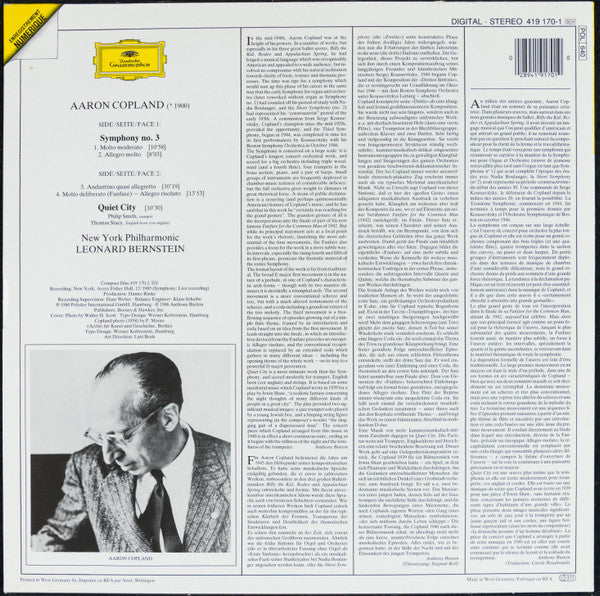 Aaron Copland – New York Philharmonic, Leonard Bernstein : Symphony No. 3 / Quiet City (LP, Album)
