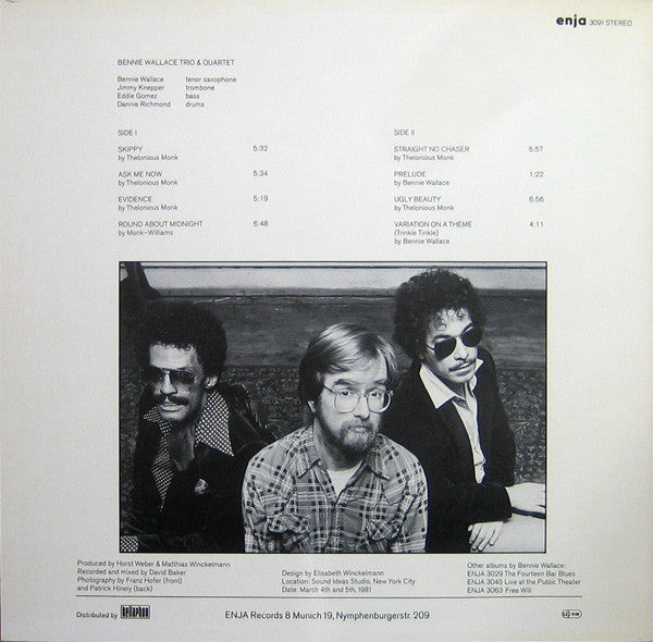 Bennie Wallace, Jimmy Knepper, Eddie Gomez, Dannie Richmond : Bennie Wallace Plays Monk (LP, Album)