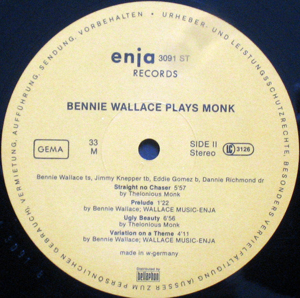 Bennie Wallace, Jimmy Knepper, Eddie Gomez, Dannie Richmond : Bennie Wallace Plays Monk (LP, Album)