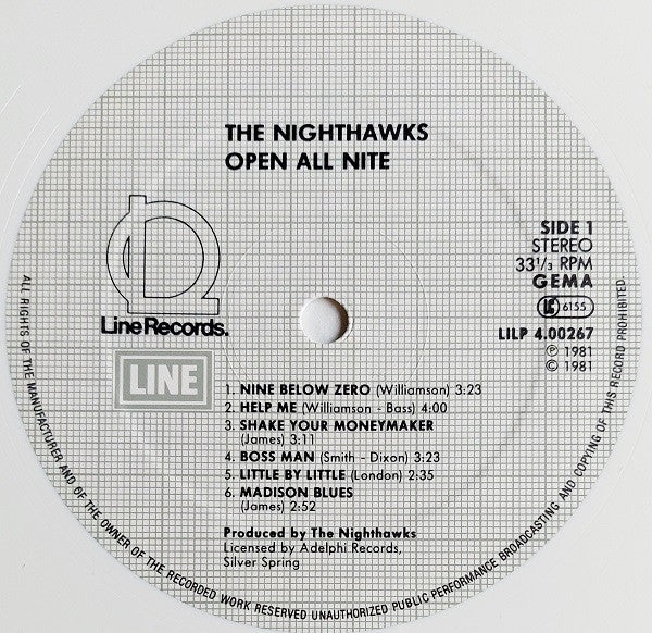 The Nighthawks (3) : Open All Nite (LP, RE, Whi)