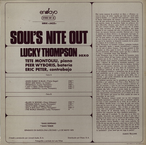 Lucky Thompson ~ Soul's Nite Out (Vinyl) - Djungel & Jazz