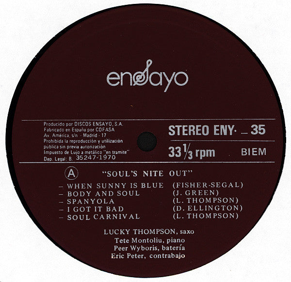 Lucky Thompson ~ Soul's Nite Out (Vinyl) - Djungel & Jazz
