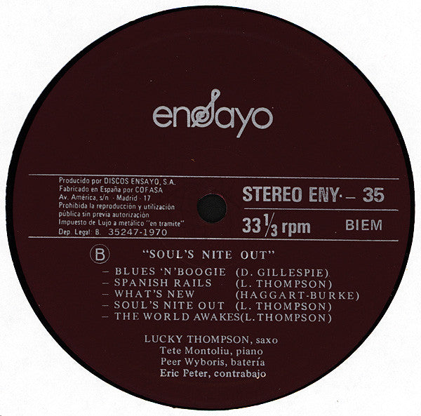 Lucky Thompson ~ Soul's Nite Out (Vinyl) - Djungel & Jazz