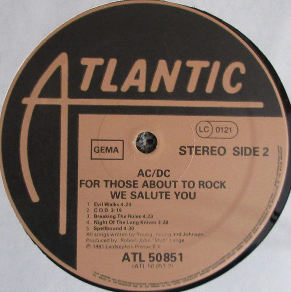 AC/DC : For Those About To Rock We Salute You (LP, Album, Gat)