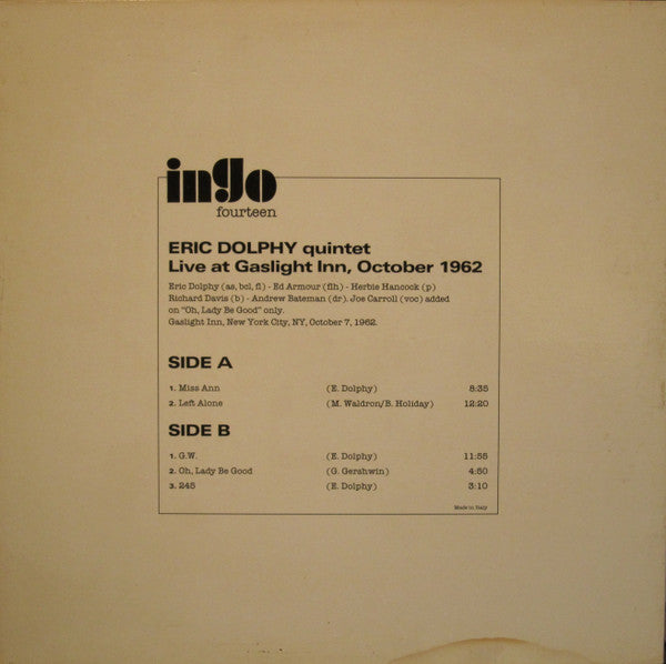 Eric Dolphy Quintet ~ Live At Gaslight Inn, October 1962 (Vinyl) - Djungel & Jazz
