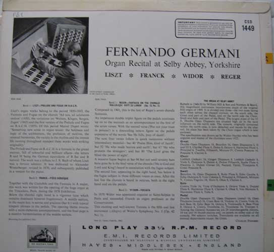 Fernando Germani ~ Organ Recital At Selby Abbey, Yorkshire (Vinyl) - Djungel & Jazz