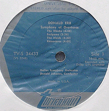 Donald Erb, Dallas Symphony Orchestra, Donald Johanos, Marvin Dahlgren ~ Symphony Of Overtures - The Seventh Trumpet - Concerto For Solo Percussionist (Vinyl) - Djungel & Jazz