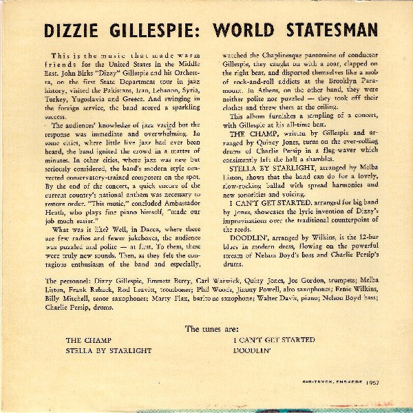 Dizzy Gillespie ~ World Statesman (Vinyl) - Djungel & Jazz