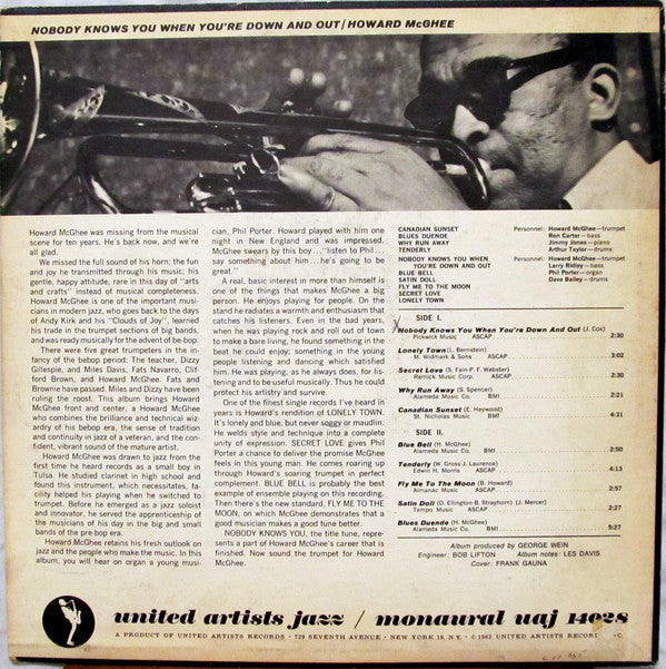 Howard McGhee : Nobody Knows You When You're Down And Out (LP, Album, Mono)
