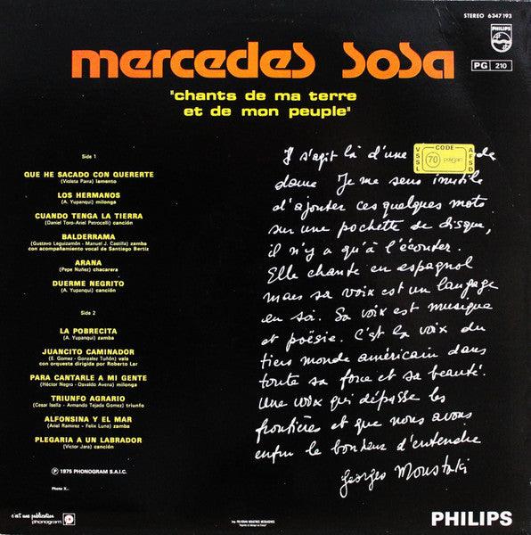 Mercedes Sosa ~ Chants De Ma Terre Et De Mon Peuple (Vinyl) - Djungel & Jazz
