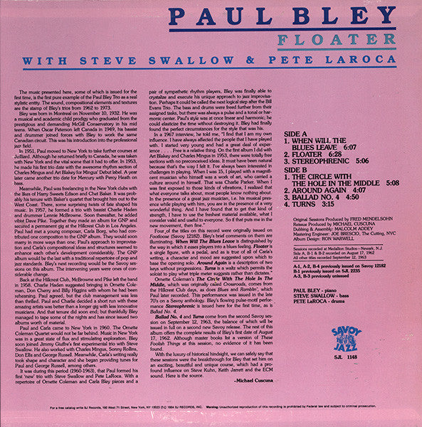 Paul Bley With Steve Swallow & Pete La Roca ~ Floater (Vinyl) - Djungel & Jazz