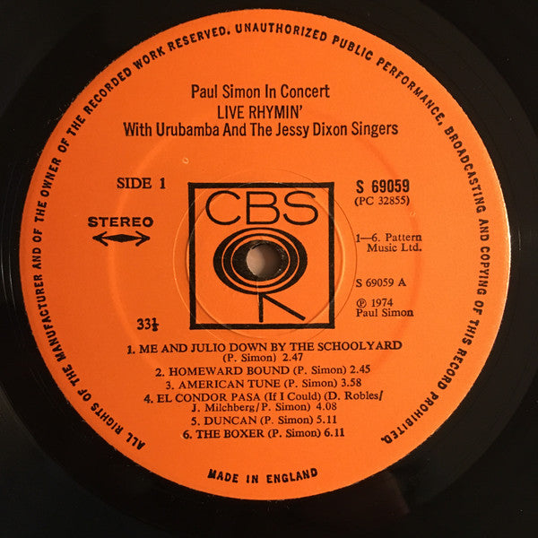 Paul Simon With Urubamba And The Jessy Dixon Singers ~ Paul Simon In Concert Live Rhymin' (Vinyl) - Djungel & Jazz