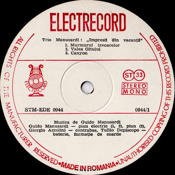 The Guido Manusardi Trio ~ Impresii Din Vacanță (Vinyl) - Djungel & Jazz