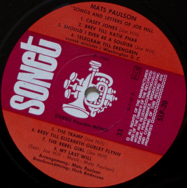 Mats Paulson ~ Songs And Letters Of Joe Hill (Vinyl) - Djungel & Jazz