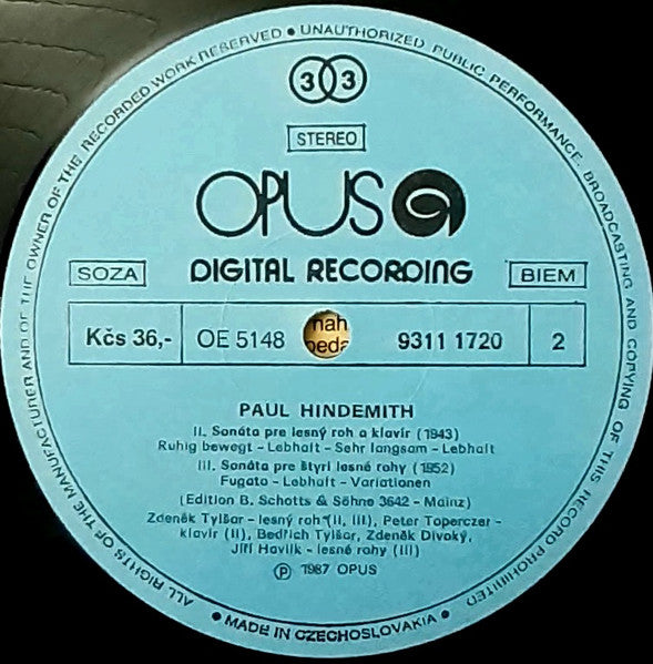 Paul Hindemith ~ Horn Sonatas (Vinyl) - Djungel & Jazz