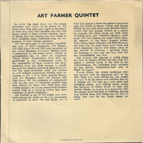 Art Farmer Quintet ~ Art Farmer Quintet (Vinyl) - Djungel & Jazz