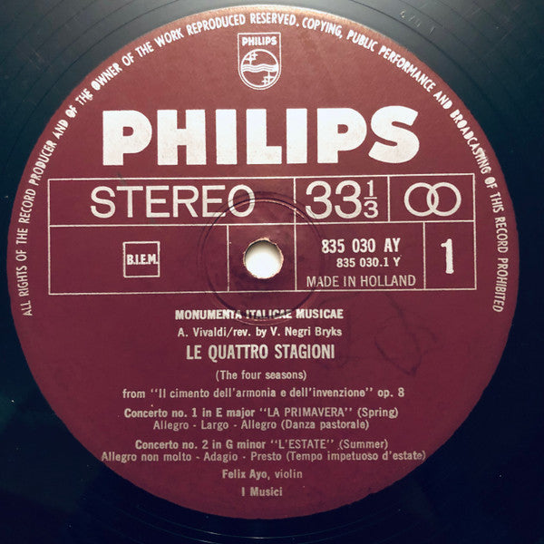 Antonio Vivaldi - I Musici, Félix Ayo : Le Quattro Stagioni (LP, Album, Lin)