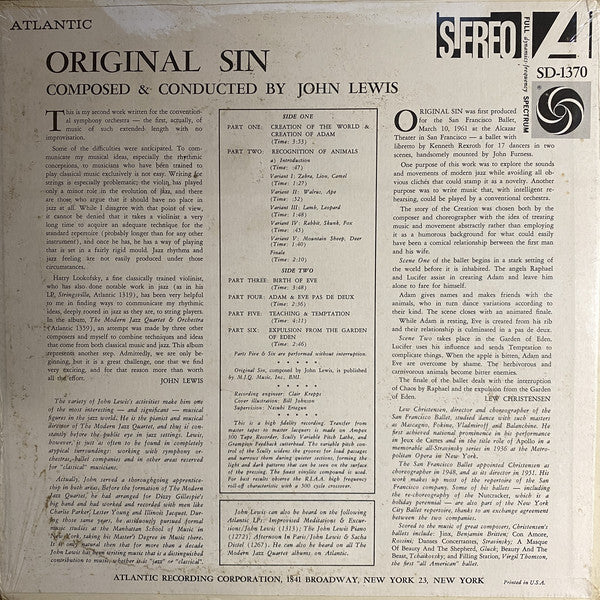 John Lewis ~ Original Sin: Music For Ballet Composed By John Lewis (Vinyl) - Djungel & Jazz