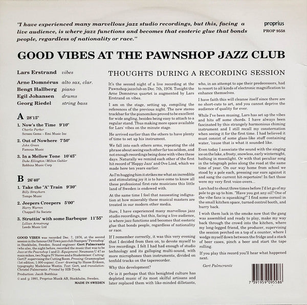 Lars Erstrand • Arne Domnérus Quartet ~ Good Vibes At The Pawnshop Jazz Club (Vinyl) - Djungel & Jazz