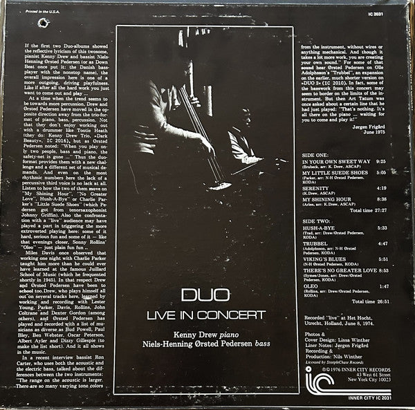 Kenny Drew / Niels-Henning Ørsted Pedersen : Duo Live In Concert (LP, Album, Pur)