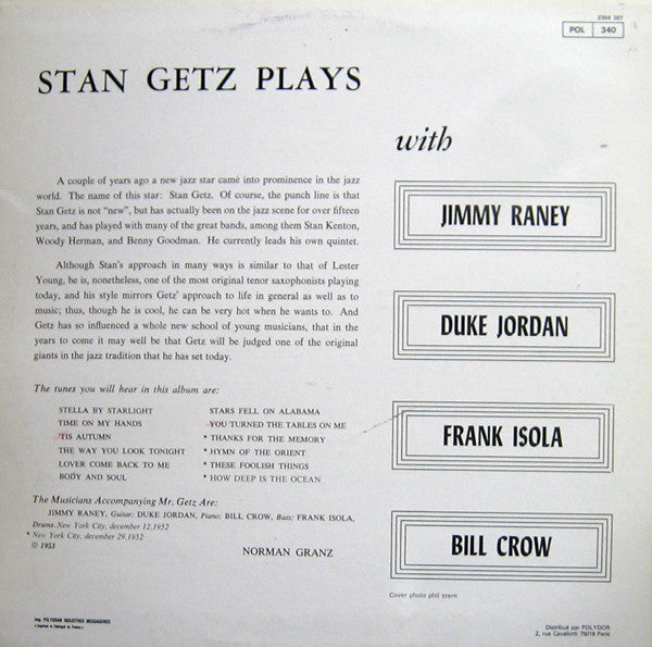 Stan Getz ~ Stan Getz Plays (Vinyl) - Djungel & Jazz