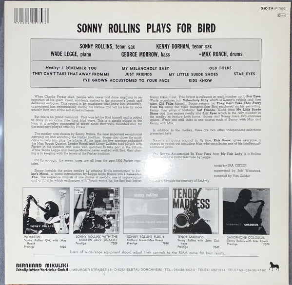 Sonny Rollins Quintet With Kenny Dorham And Max Roach ~ Rollins Plays For Bird (Vinyl) - Djungel & Jazz