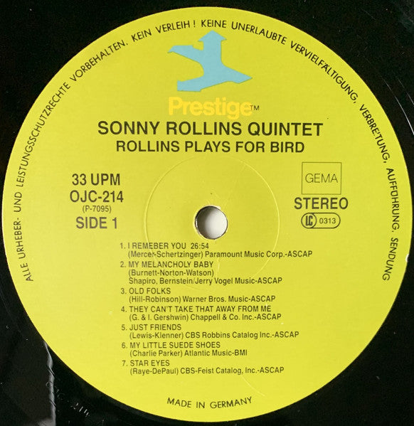 Sonny Rollins Quintet With Kenny Dorham And Max Roach ~ Rollins Plays For Bird (Vinyl) - Djungel & Jazz