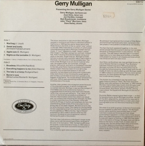 Gerry Mulligan And His Sextet ~ Presenting The Gerry Mulligan Sextet (Vinyl) - Djungel & Jazz