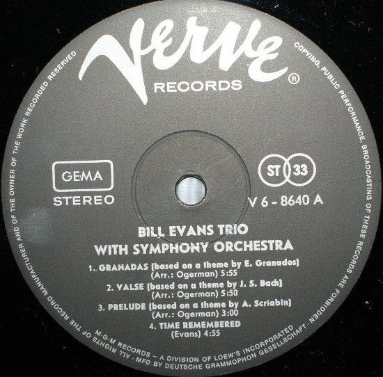 Bill Evans Trio* : Bill Evans Trio With Symphony Orchestra (LP, Album)