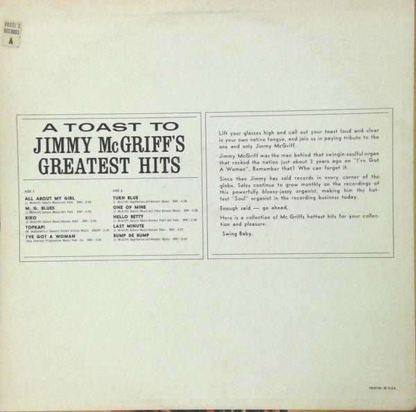 Jimmy McGriff : A Toast To Jimmy McGriff's Greatest Hits (LP, Comp)