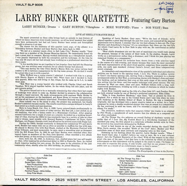 Larry Bunker Quartette Featuring Gary Burton ~ Live At Shelly's Manne-Hole (Vinyl) - Djungel & Jazz