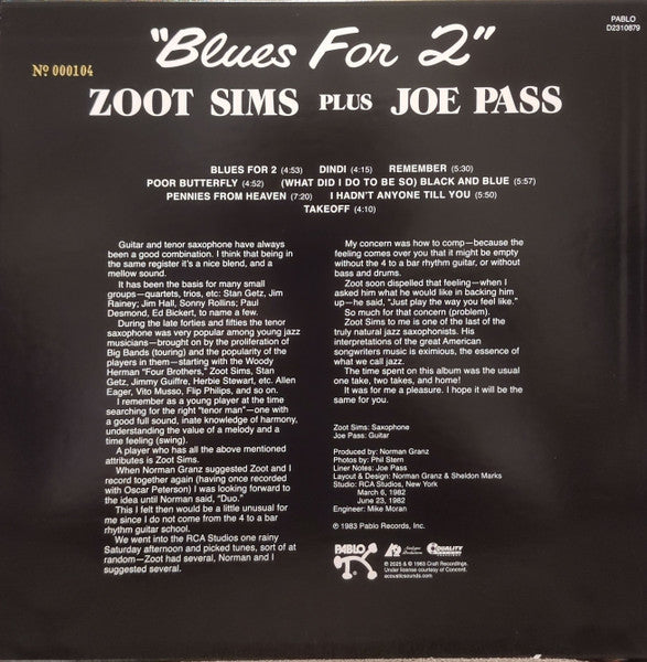 Zoot Sims Plus Joe Pass ~ Blues For 2 (Vinyl) - Djungel & Jazz