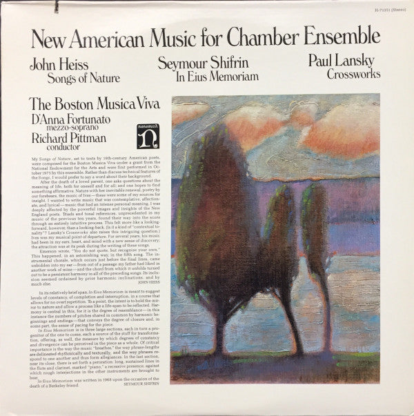 John Heiss / Seymour Shifrin / Paul Lansky - The Boston Musica Viva, D'Anna Fortunato, Richard Pittman ~ New American Music For Chamber Ensemble (Vinyl) - Djungel & Jazz
