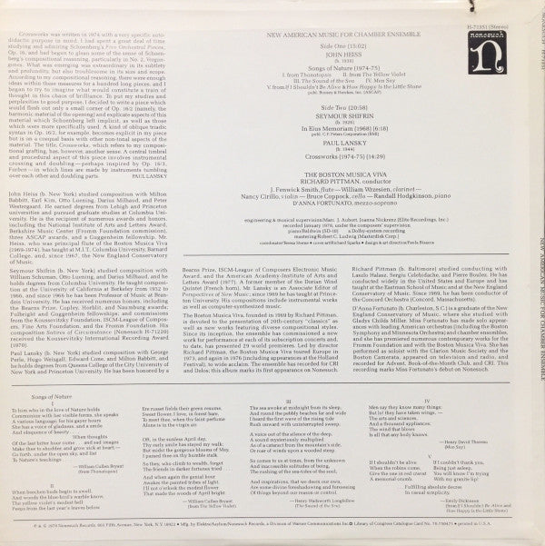 John Heiss / Seymour Shifrin / Paul Lansky - The Boston Musica Viva, D'Anna Fortunato, Richard Pittman ~ New American Music For Chamber Ensemble (Vinyl) - Djungel & Jazz