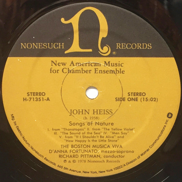 John Heiss / Seymour Shifrin / Paul Lansky - The Boston Musica Viva, D'Anna Fortunato, Richard Pittman ~ New American Music For Chamber Ensemble (Vinyl) - Djungel & Jazz