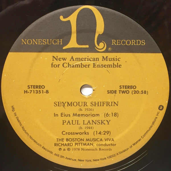 John Heiss / Seymour Shifrin / Paul Lansky - The Boston Musica Viva, D'Anna Fortunato, Richard Pittman ~ New American Music For Chamber Ensemble (Vinyl) - Djungel & Jazz