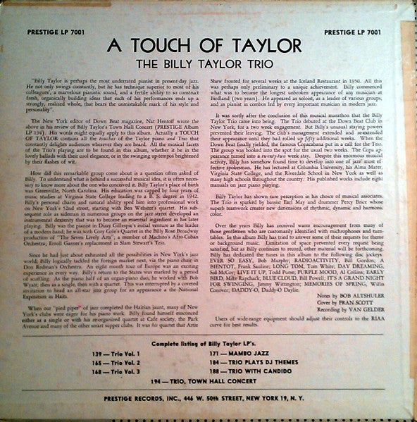 The Billy Taylor Trio ~ A Touch Of Taylor (Vinyl) - Djungel & Jazz