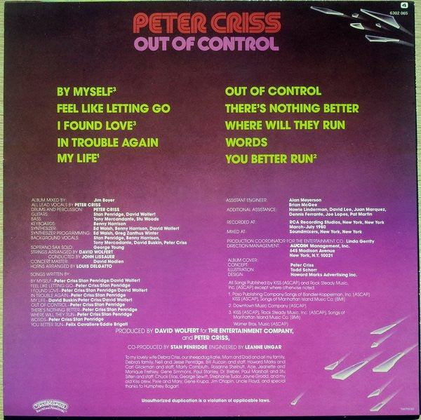 Peter Criss ~ Out Of Control (Vinyl) - Djungel & Jazz
