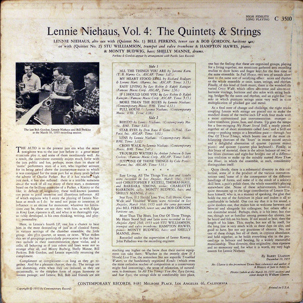 Lennie Niehaus ~ Vol. 4: The Quintets & Strings (Vinyl) - Djungel & Jazz