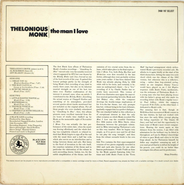Thelonious Monk ~ The Man I Love (Vinyl) - Djungel & Jazz