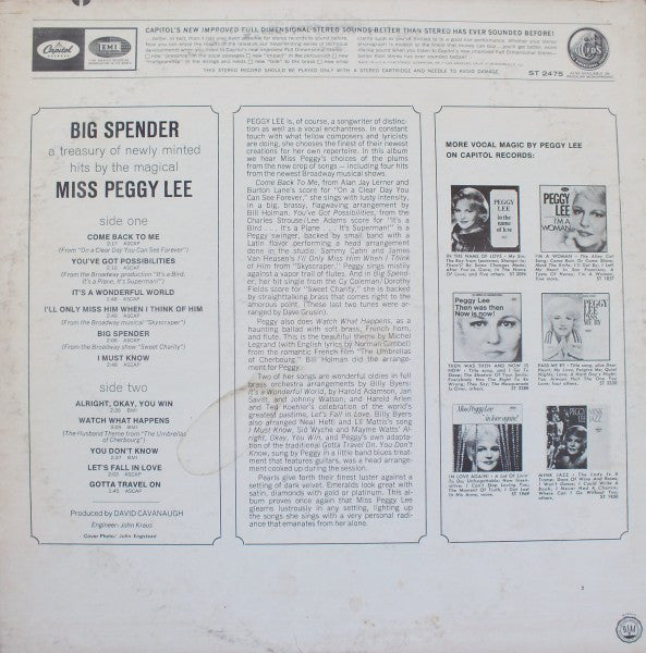 Peggy Lee ~ Big Spender (Vinyl) - Djungel & Jazz