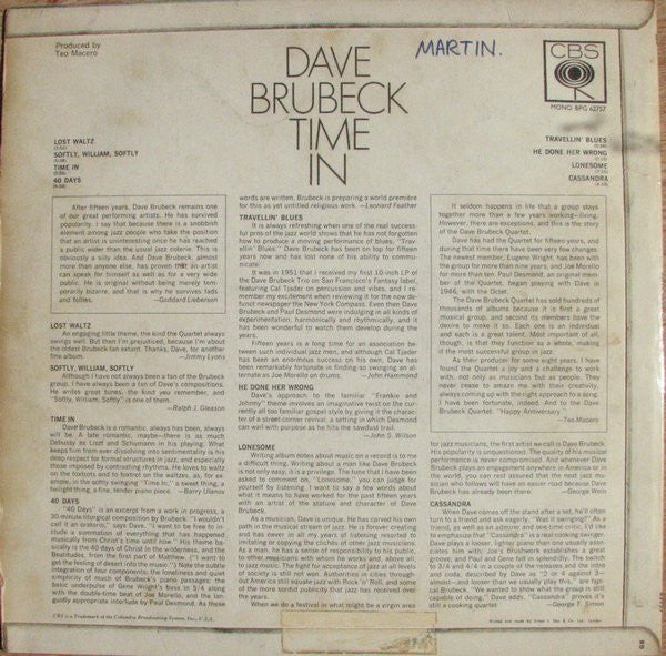Dave Brubeck : Time In (LP, Album, Mono)