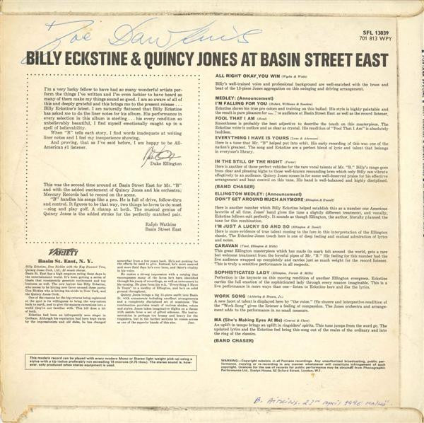 Billy Eckstine & Quincy Jones : At Basin Street East (LP, RE)