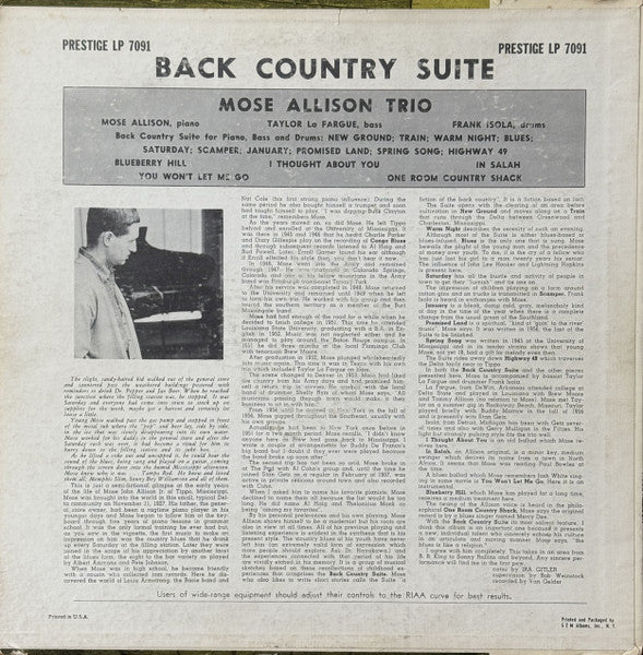 Mose Allison : Back Country Suite (For Piano, Bass And Drums) (LP, Album, Mono, RE, Abb)